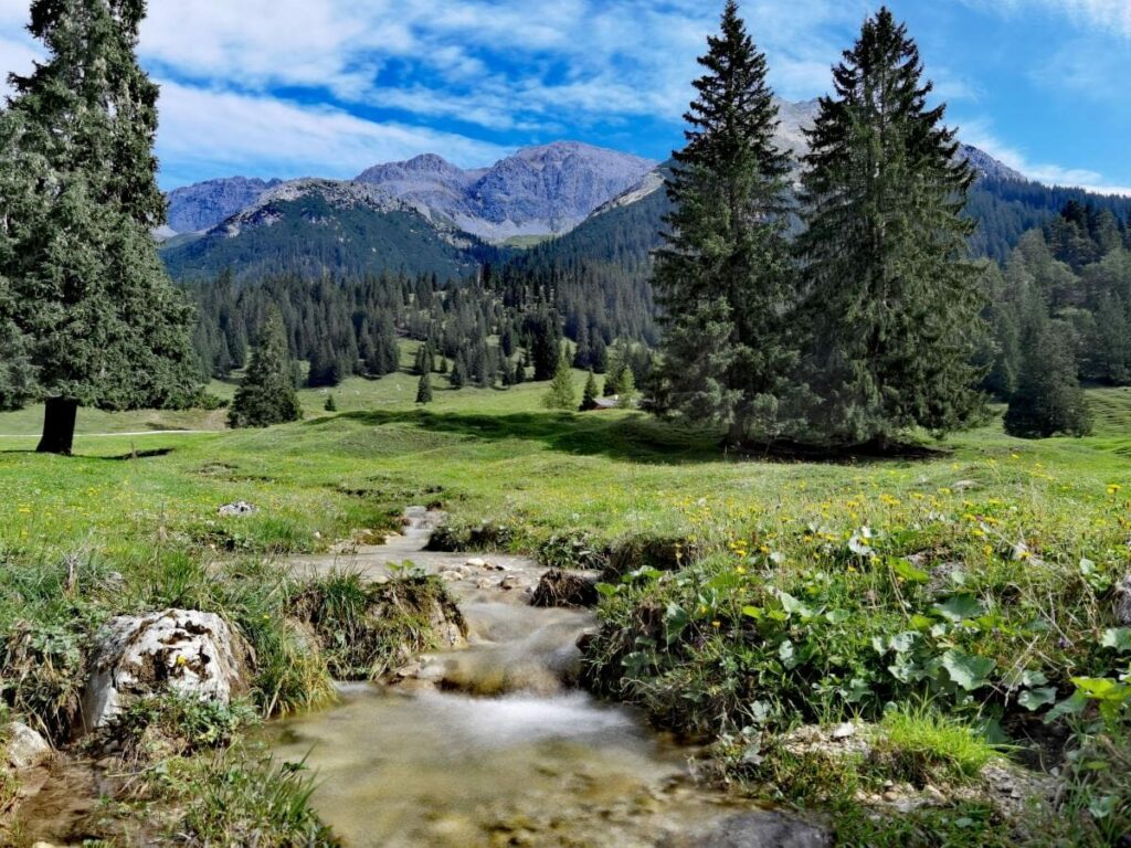 Wanderziel Gaistalalm - überragt von den Felsen des Wettersteingebirge